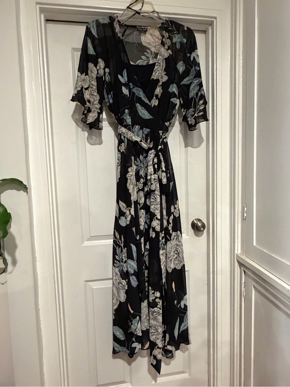 City Chic Black Floral Wrap Dress with Sage and Cream Blooms